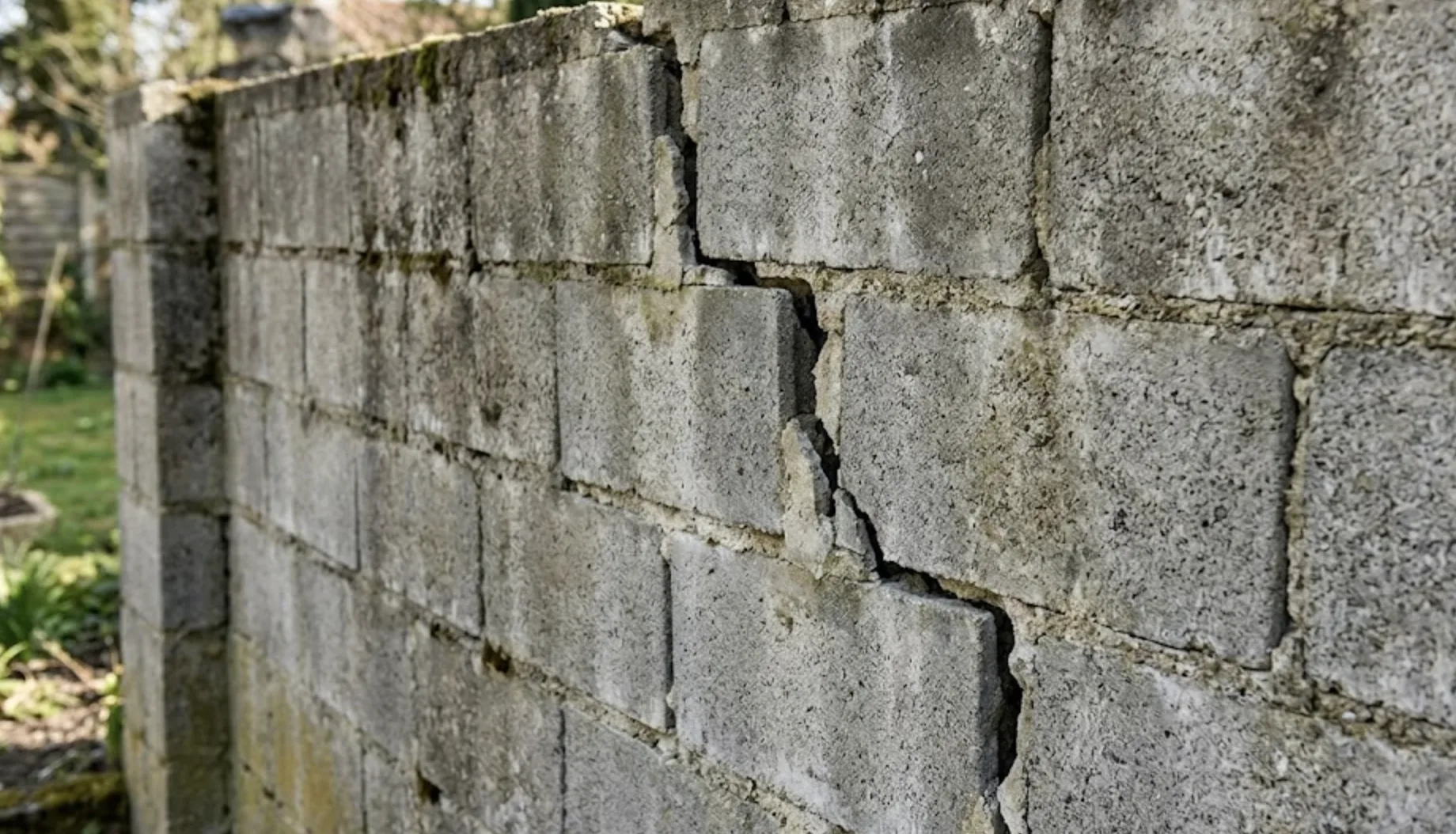 Gros plan sur un vieux mur de clôture en parpaing montrant une fissure caractéristique en escalier le long des joints de mortier